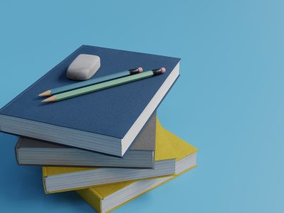 pile of books and pencil background, 3d rendering